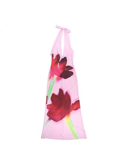 Floral Halter Backless Maxi Dress - Taydiane