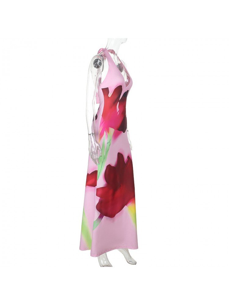Floral Halter Backless Maxi Dress - Taydiane