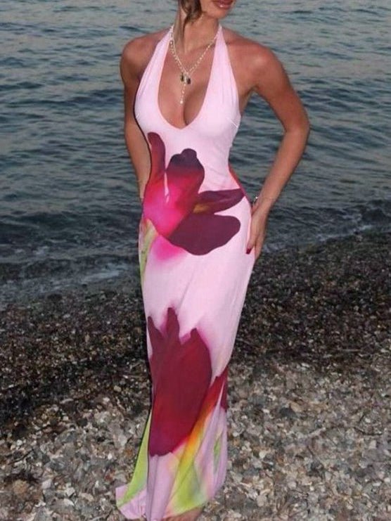 Floral Halter Backless Maxi Dress - Taydiane