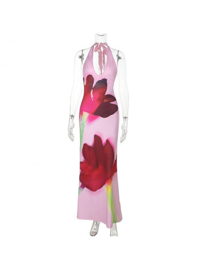 Floral Halter Backless Maxi Dress - Taydiane