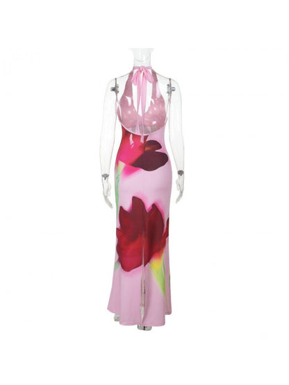 Floral Halter Backless Maxi Dress - Taydiane