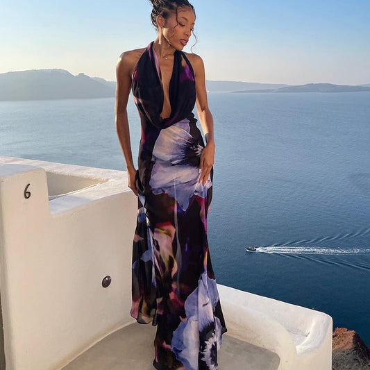 Floral Print Backless Maxi Dress - TayDiane
