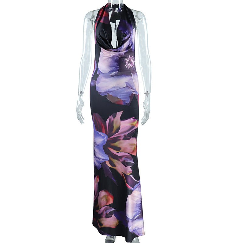 Floral Print Backless Maxi Dress - TayDiane