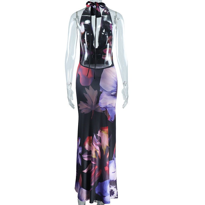 Floral Print Backless Maxi Dress - TayDiane