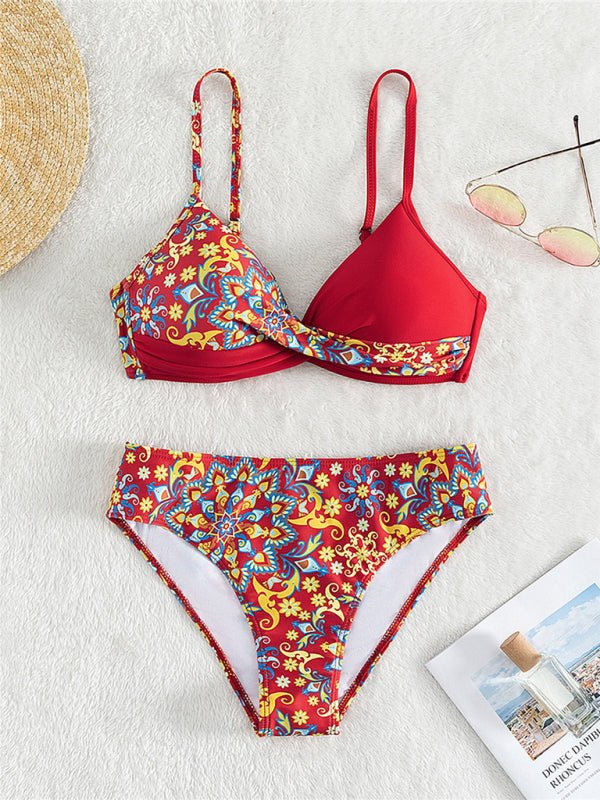 Floral Print Cross Split Bikini - TayDiane