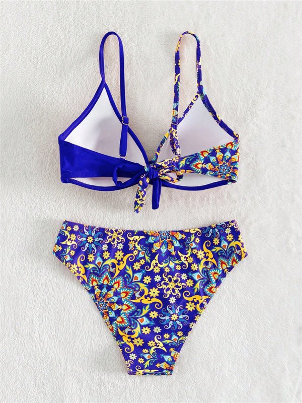 Floral Print Cross Split Bikini - TayDiane