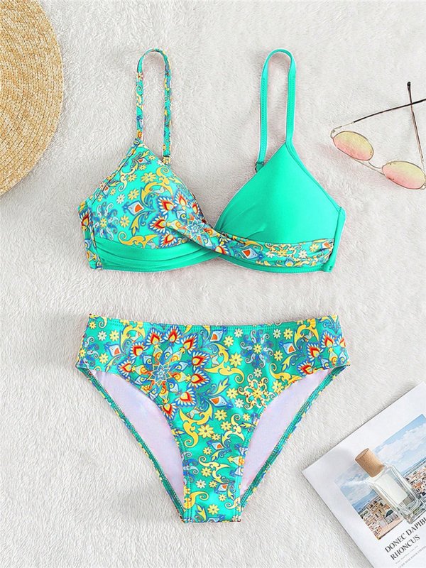 Floral Print Cross Split Bikini - TayDiane