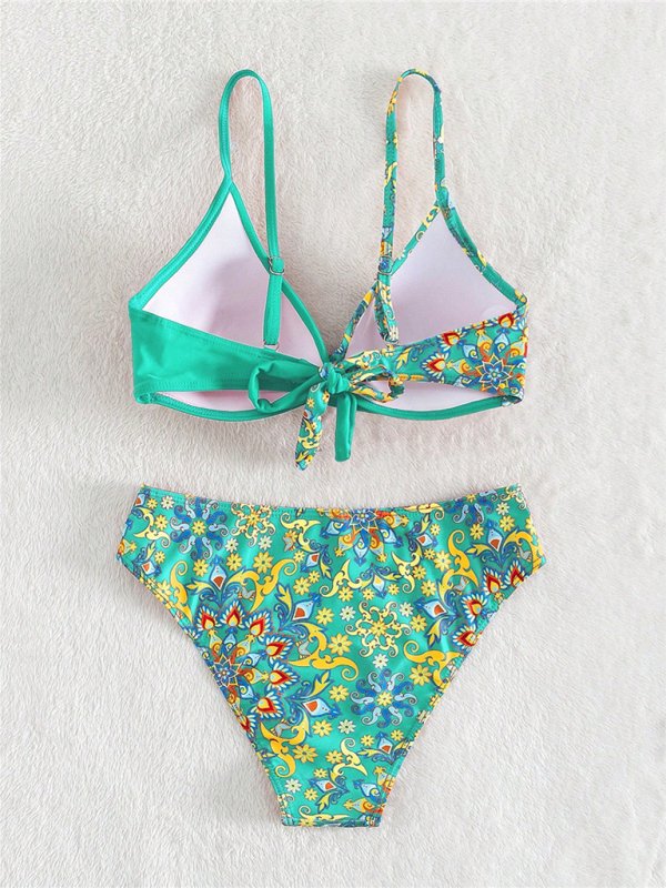 Floral Print Cross Split Bikini - TayDiane