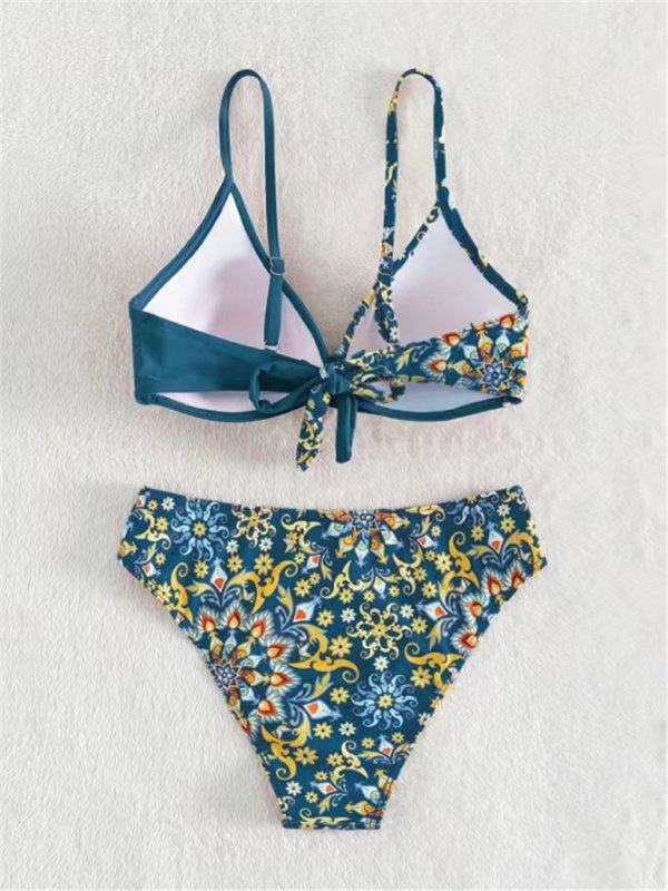 Floral Print Cross Split Bikini - TayDiane