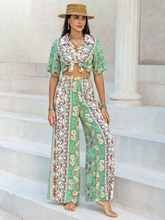 Floral Print Half Sleeve Top and Wide Leg Pants Set - TayDiane