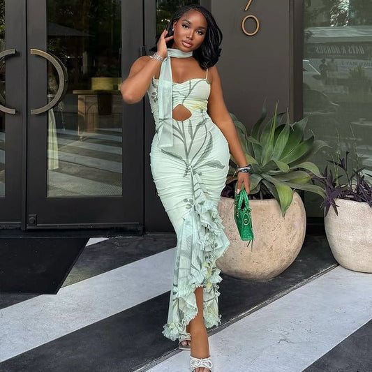 Floral Print Maxi Dress With Ruffles - TayDiane