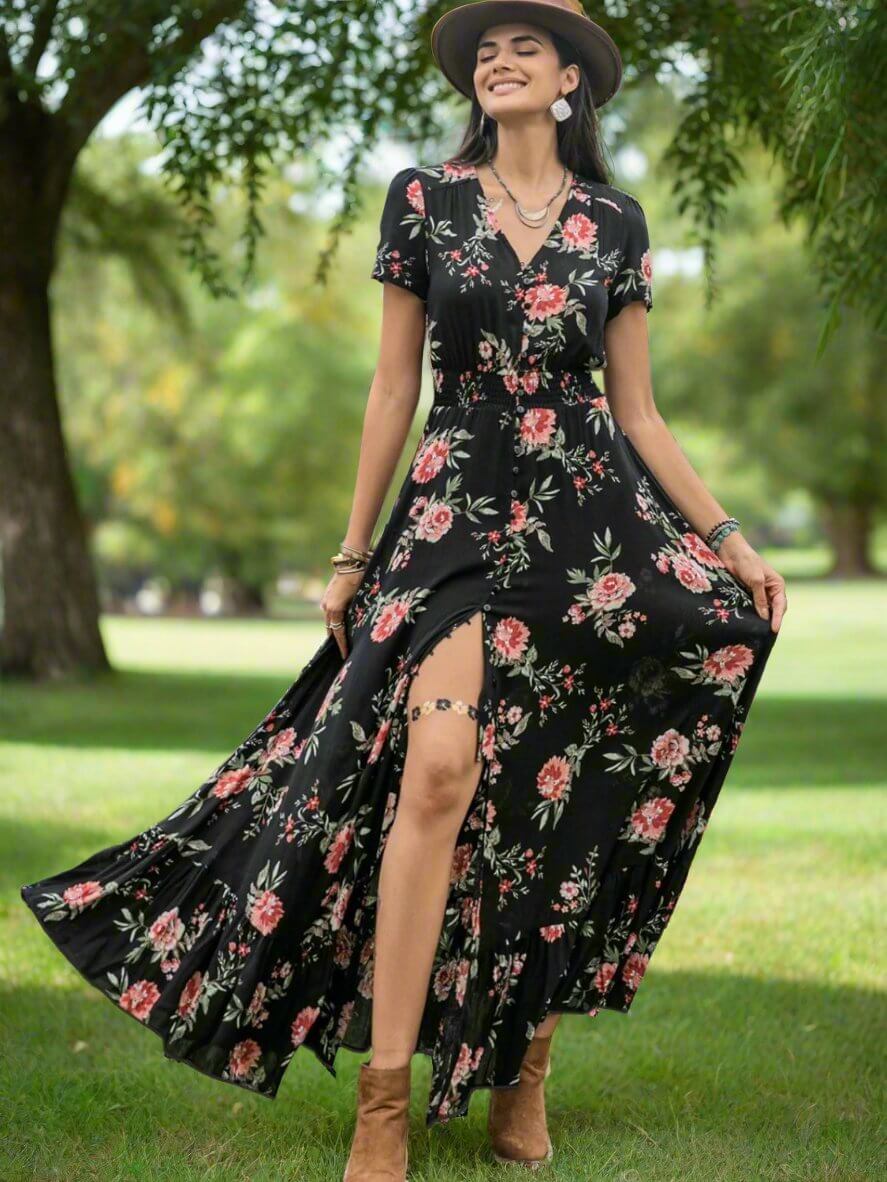 Floral V - Neck Short Sleeve Dress - TayDiane