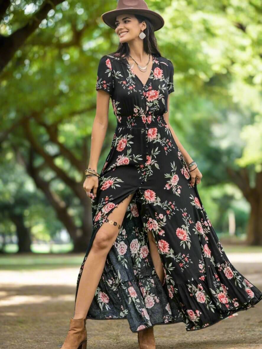 Floral V - Neck Short Sleeve Dress - TayDiane