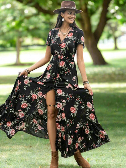 Floral V - Neck Short Sleeve Dress - TayDiane