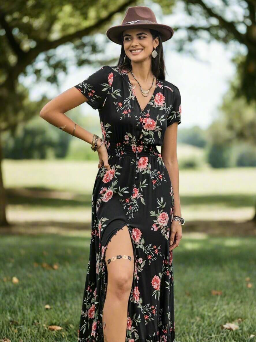 Floral V - Neck Short Sleeve Dress - TayDiane