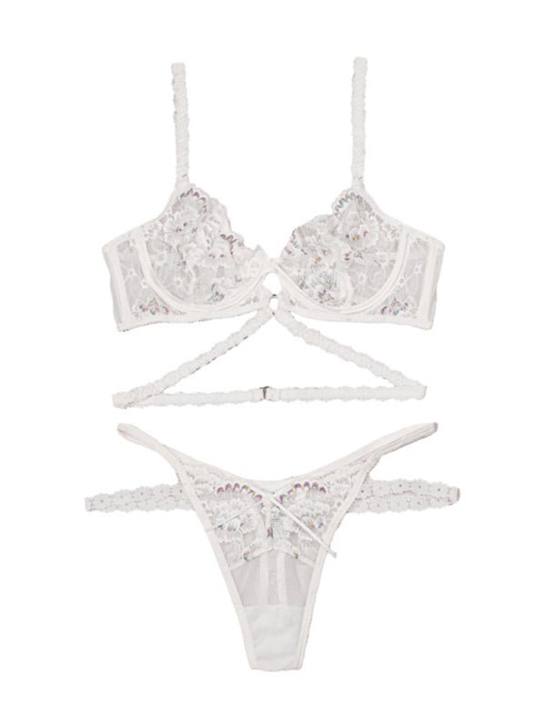 Flower Embroidered Lace Bra Three - Piece Set with Underwire - TayDiane