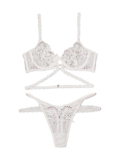 Flower Embroidered Lace Bra Three - Piece Set with Underwire - TayDiane