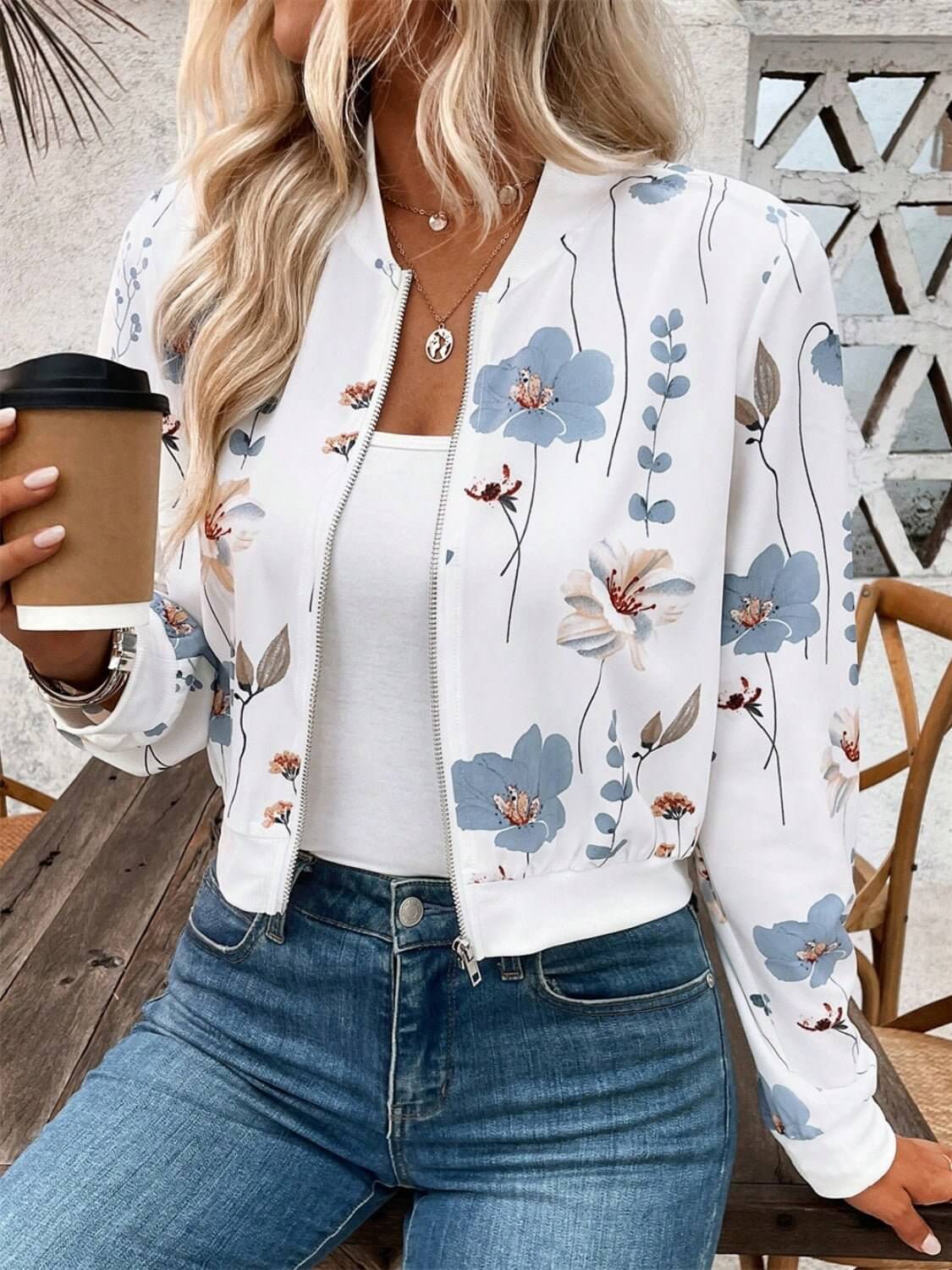 Flower print Zip Up Long Sleeve Jacket - TayDiane