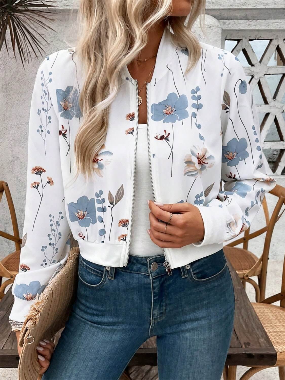 Flower print Zip Up Long Sleeve Jacket - TayDiane