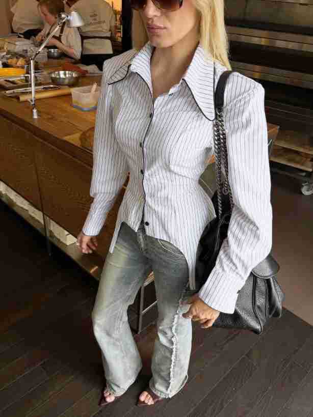 French Pointed Collar Striped Long Sleeved Shirt Women Autumn Office Shoulder Shirt Professional Top - Taydiane