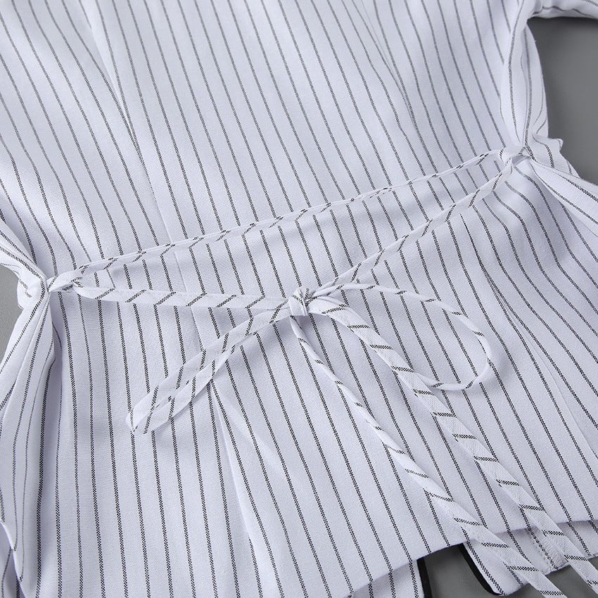 French Pointed Collar Striped Long Sleeved Shirt Women Autumn Office Shoulder Shirt Professional Top - Taydiane