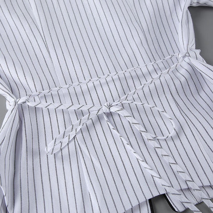 French Pointed Collar Striped Long Sleeved Shirt Women Autumn Office Shoulder Shirt Professional Top - Taydiane