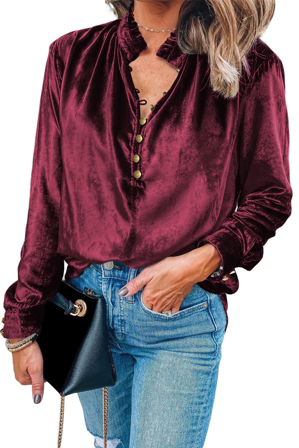 Frilled Buttoned V - Neck Velvet Blouse - TayDiane