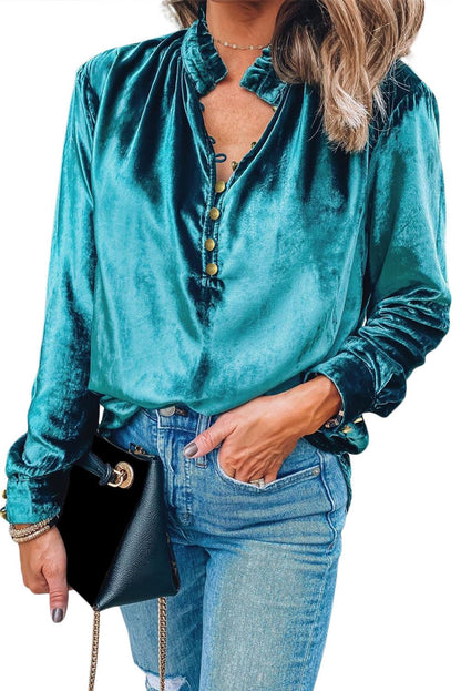 Frilled Buttoned V - Neck Velvet Blouse - TayDiane