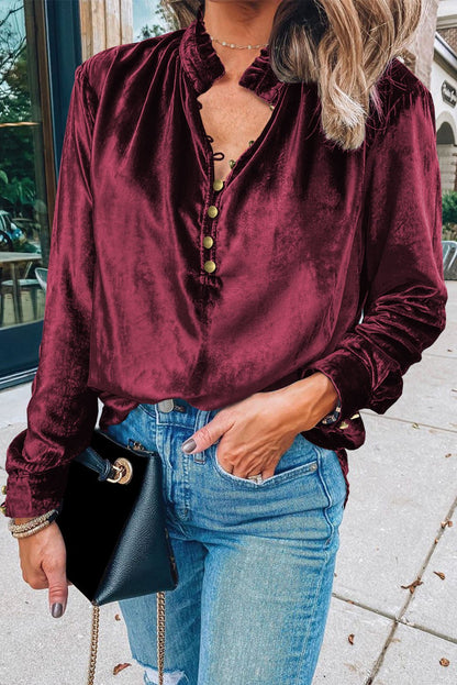 Frilled Buttoned V - Neck Velvet Blouse - TayDiane