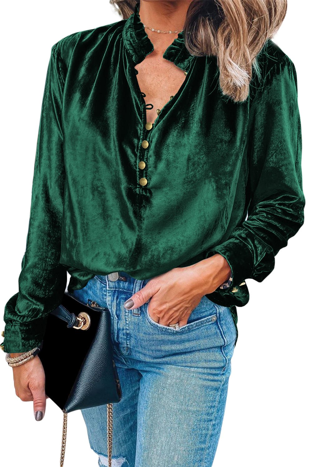 Frilled Buttoned V - Neck Velvet Blouse - TayDiane