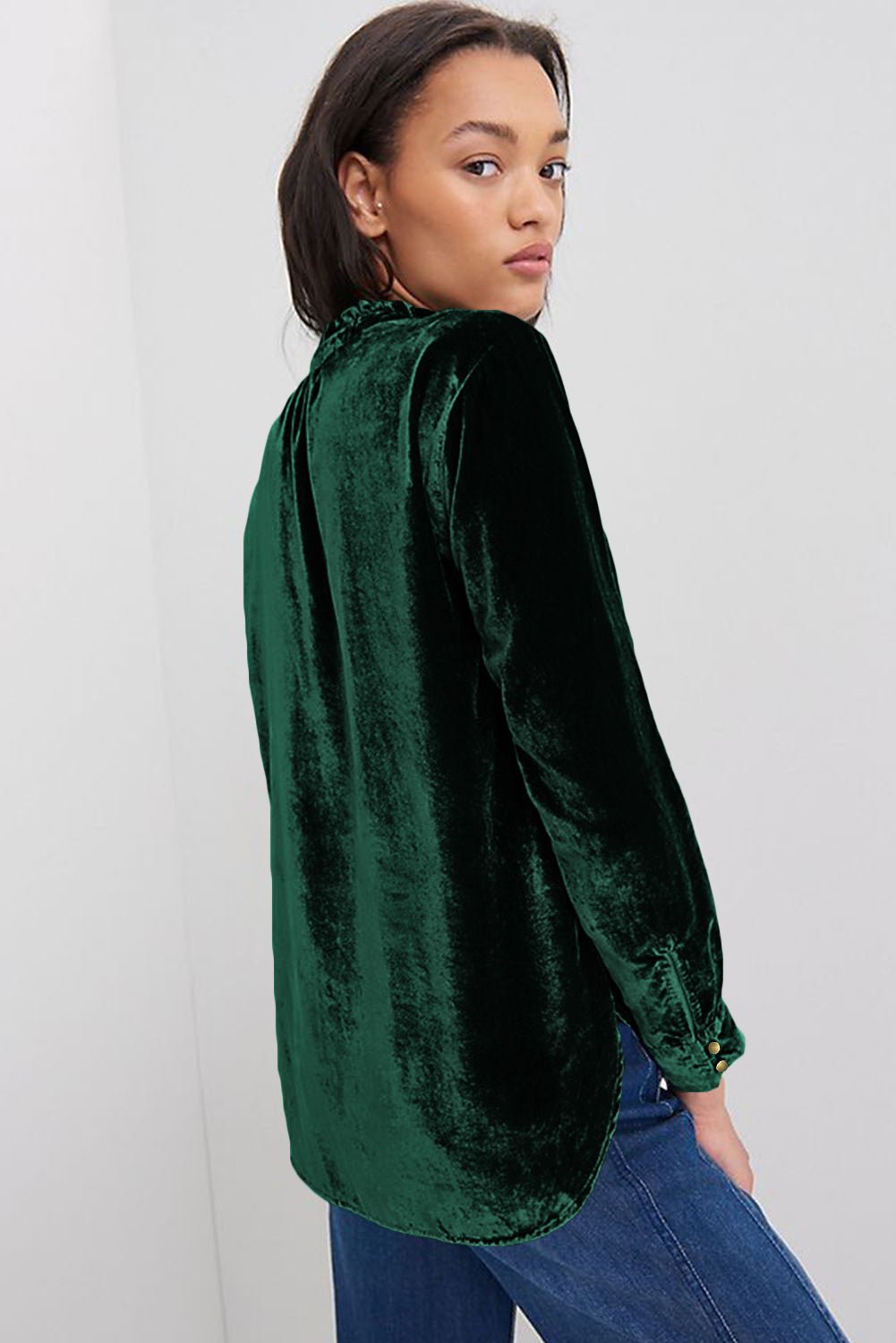 Frilled Buttoned V - Neck Velvet Blouse - TayDiane