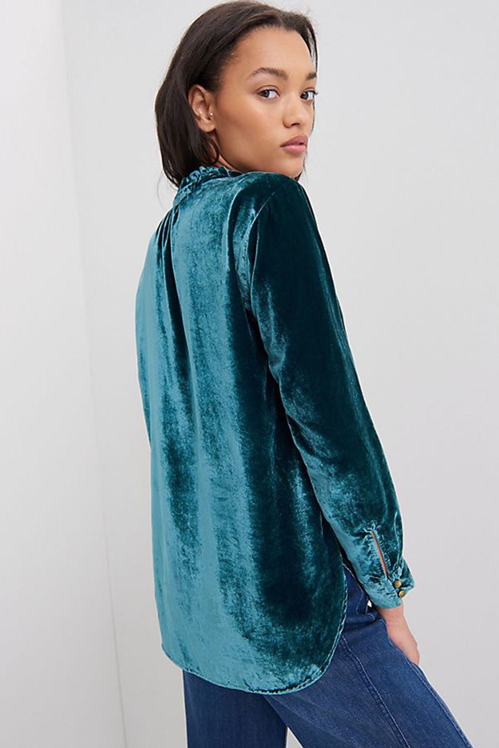 Frilled Buttoned V - Neck Velvet Blouse - TayDiane