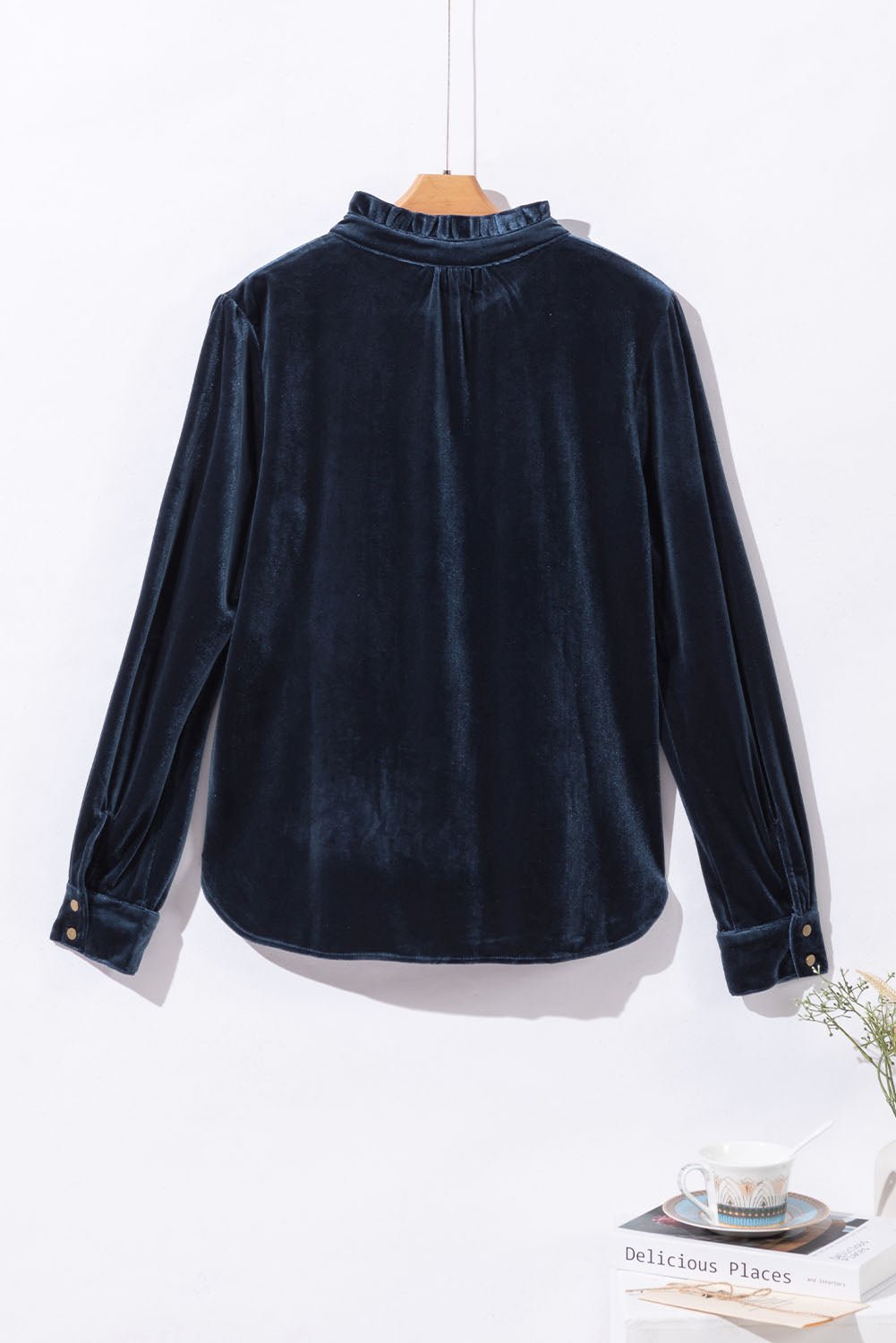 Frilled Buttoned V - Neck Velvet Blouse - TayDiane