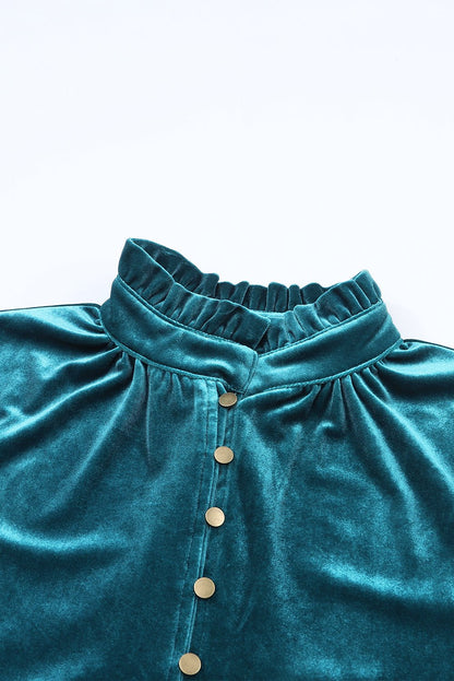 Frilled Buttoned V - Neck Velvet Blouse - TayDiane