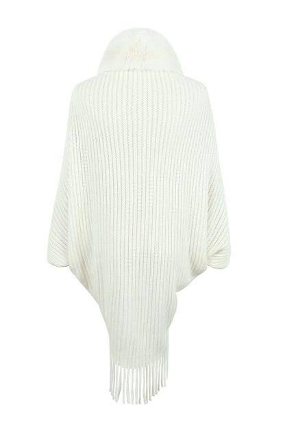 Fringe Detail Long Sleeve Ribbed Poncho - TayDiane