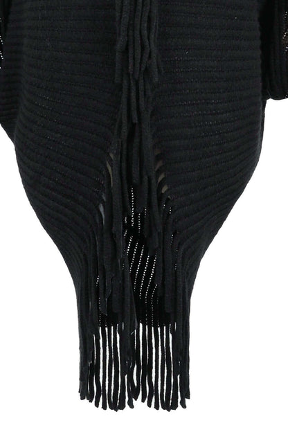 Fringe Detail Long Sleeve Ribbed Poncho - TayDiane