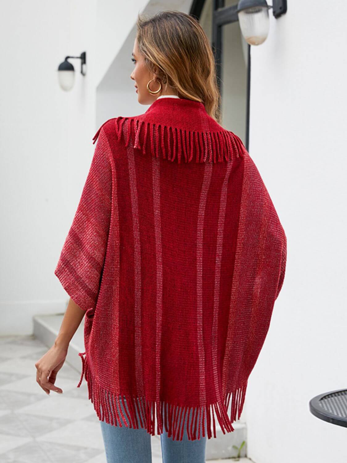 Fringe Detail Open Front Poncho - TayDiane