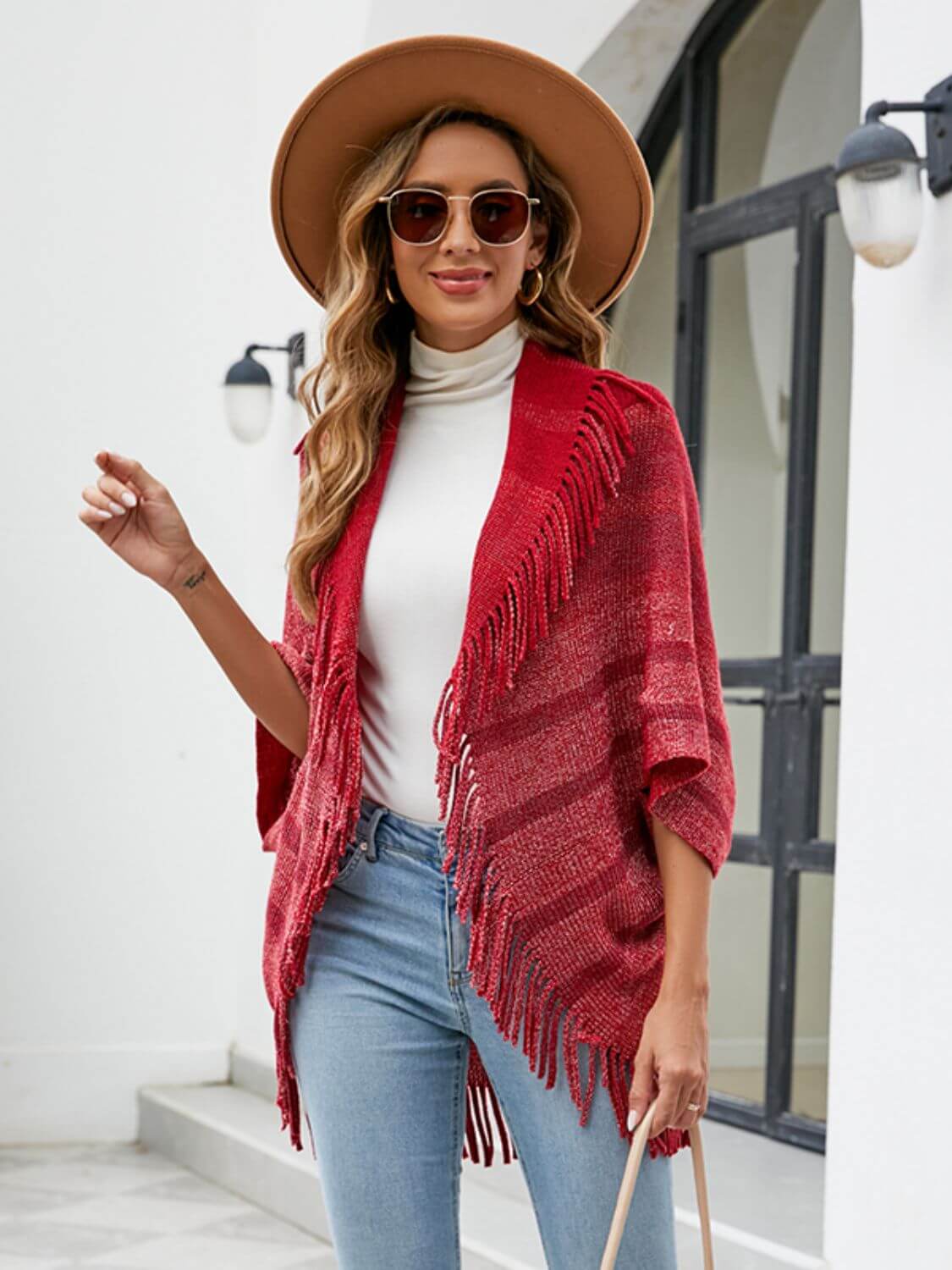 Fringe Detail Open Front Poncho - TayDiane