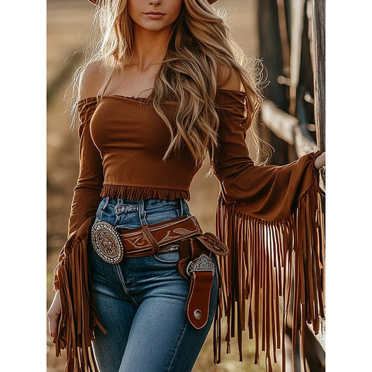 Fringe Fantasy Off - Shoulder Boho Top - TayDiane