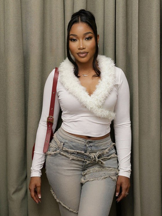 Fur Trim V - Neck Long Sleeve Cropped Top - TayDiane