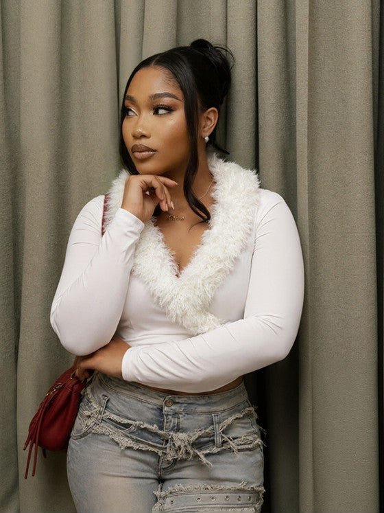Fur Trim V - Neck Long Sleeve Cropped Top - TayDiane