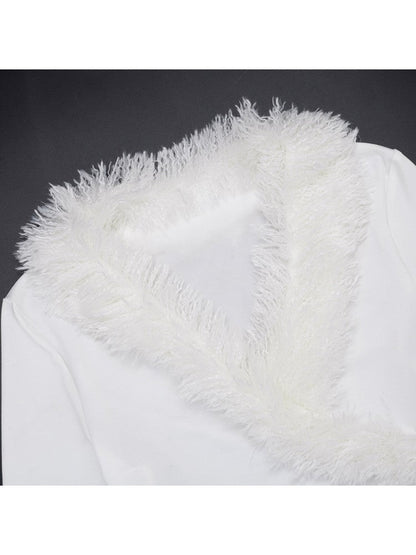 Fur Trim V - Neck Long Sleeve Cropped Top - TayDiane