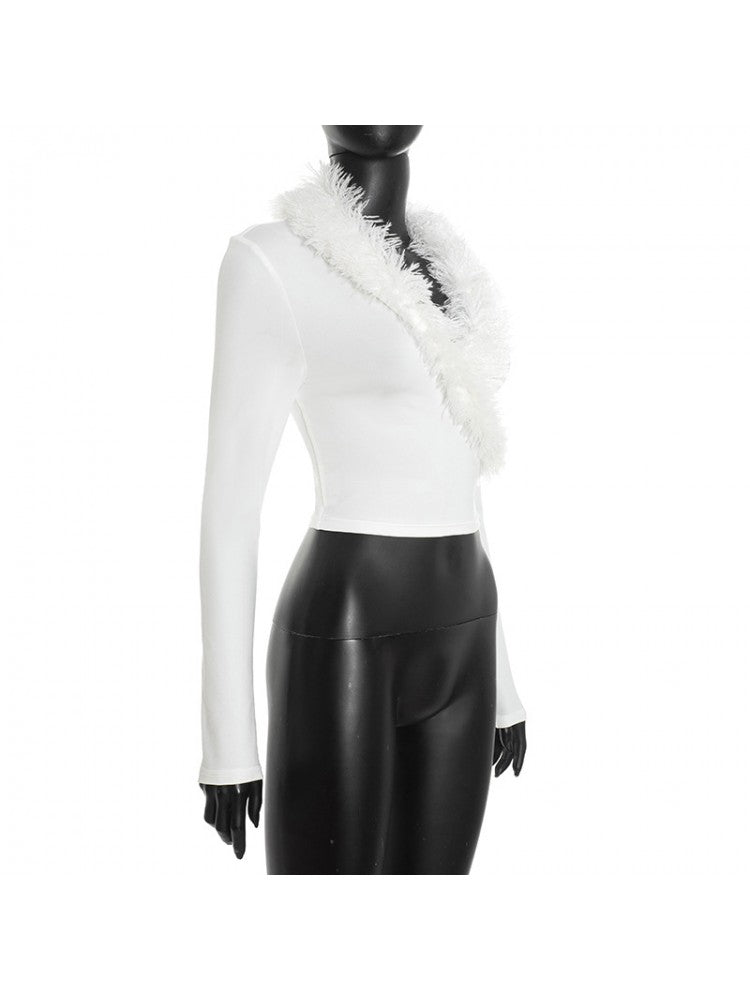 Fur Trim V - Neck Long Sleeve Cropped Top - TayDiane