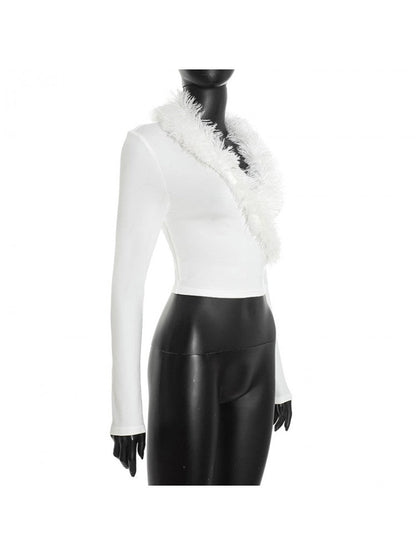 Fur Trim V - Neck Long Sleeve Cropped Top - TayDiane