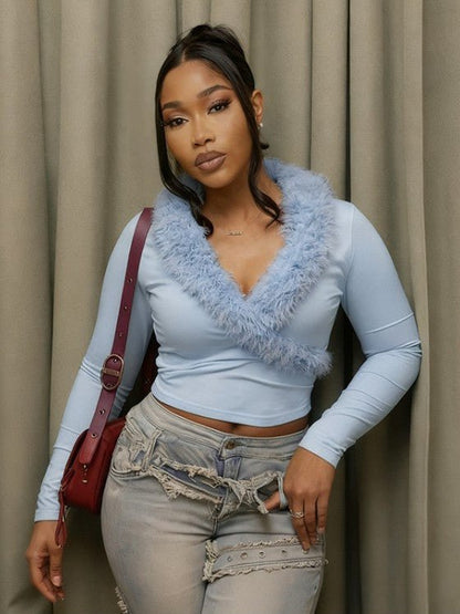 Fur Trim V - Neck Long Sleeve Cropped Top - TayDiane