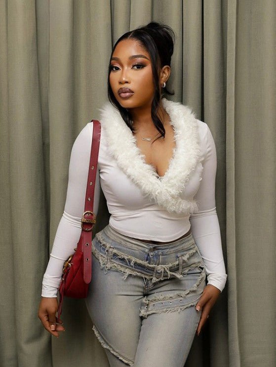 Fur Trim V - Neck Long Sleeve Cropped Top - TayDiane