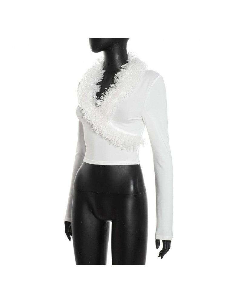 Fur Trim V - Neck Long Sleeve Cropped Top - TayDiane