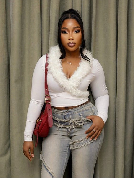 Fur Trim V - Neck Long Sleeve Cropped Top - TayDiane