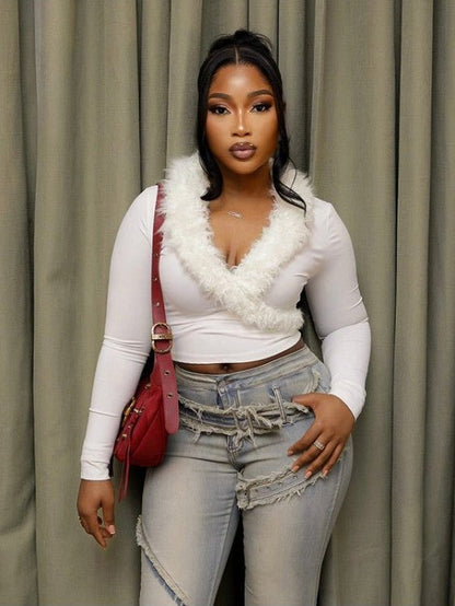Fur Trim V - Neck Long Sleeve Cropped Top - TayDiane