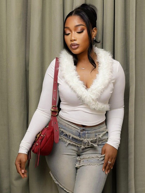 Fur Trim V - Neck Long Sleeve Cropped Top - TayDiane
